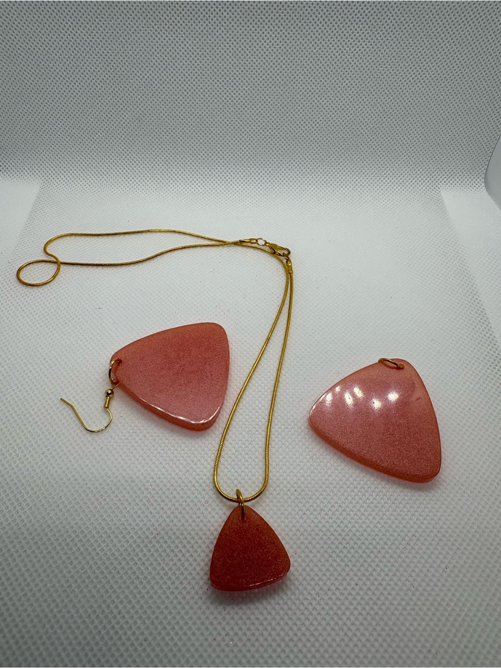 Gold Chain Necklace and Earring Set with Pink Triangular Resin Pendants